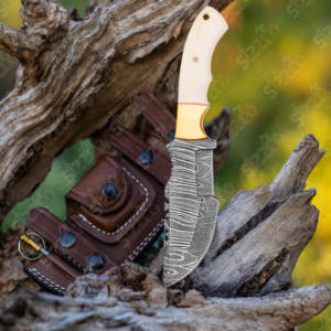Custom Handcrafted Damascus Steel Hunting <b>Knife</b> Fixed Blade Drop Point <b>Bone</b> <b>Handle</b> Outdoor Survival <b>Knife</b> with Leather Sheath - Product Image 1