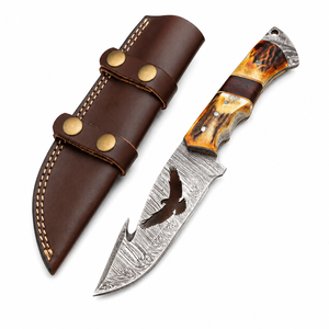 Cuchillo de acero de Damasco con hoja de corte tipo Drop Point y funda de cuero personalizada. - Product Image 1