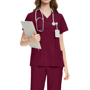 Unisex Light Blue V-Neck Cotton Polyester <b>Scrub</b> <b>Top</b> Short Sleeve Woven Hospital Uniform Needle Detection Stethoscope Clipboard - Product Image 2