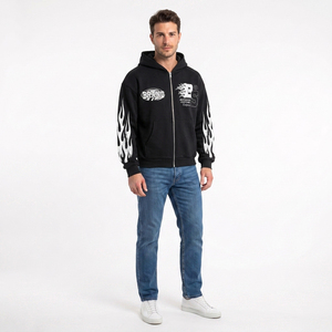 Sweat à capuche zippé noir pour homme, personnalisé avec nom de marque, imprimé flamme, coupe classique, streetwear, en molleton de coton, pour l'automne - Product Image 4