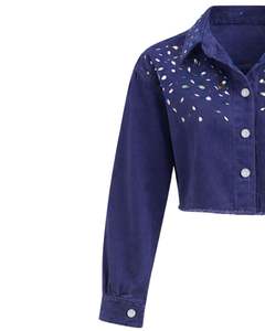 Custom Navy Blue Women Cropped Denim <b>Jacket</b> With <b>Rhinestone</b> Studded Front Button Closure Long Sleeve Fashion Streetwear Top - Product Image 5