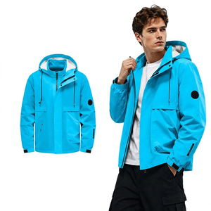Men's Light Gray Hooded Stand Collar Windproof <b>Zipper</b> <b>Jacket</b> Casual Outerwear with Pockets and Logo Patch on Sleeve - Product Image 4