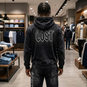 Men Rhinestone Tracksuit Washed Black Heavyweight Cotton Pullover Hoodie and Sweatpants Set Streetwear Crewneck Trim - Product Image 3