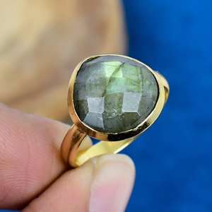 Natural <b>Labradorite</b> Shape Heart Cut Gemstone 18k Gold Plated Bezel Handmade Birthstone <b>Ring</b> For Women - Product Image 1