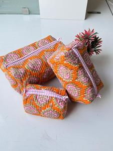 Juego de Bolsas de Cosméticos Acolchadas de Algodón con Estampado Floral Naranja y Rosa, con Cierre de Cremallera, Organizador de Maquillaje Multifuncional, Estilo Bohemio - Product Image 1
