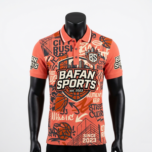 Polo homme en polyester 200 GSM haute qualité, imprimé graphique orange, style streetwear, avec logo. - Product Image 5