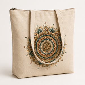 Sac fourre-tout en toile de coton personnalisé, motif cercles, moyen, avec fermeture éclair et poignée d'épaule, pour courses, voyages, plage, extérieur, cadeau promotionnel - Product Image 2