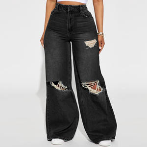 Pantalon en jean taille haute à jambe large, effet usé, longueur intégrale, fermeture boutonnée, style décontracté, 100% coton tissé - Product Image 4