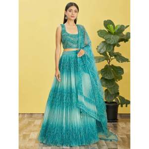 Robe de soirée bleue en organza avec travail de miroir, Lehenga Choli pour les mariages - Product Image 1