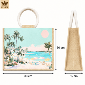 กระเป๋าหูหิ้วทรงกลมพิมพ์ลายดิจิทัลลายชายหาด - 38x30x15 ซม. สีธรรมชาติ โลโก้สั่งทำได้ คุณภาพส่งออกจากโรงงานโดยตรง ใช้สำหรับชายหาด แบรนด์ส่วนตัว - Product Image 2