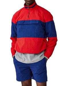 Veste coupe-vent tissée vintage pour homme, à blocs de couleur, avec fermeture éclair quart de tour, respirante, décontractée, pour l'hiver, bleu et rouge, avec logo personnalisé - Product Image 1