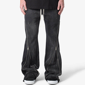 Pantalon évasé noir pour homme avec fausses fermetures éclair, taille élastique, cordon de serrage, style streetwear, effet usé, en polyester - Product Image 4
