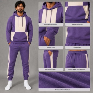 Ensemble de survêtement unisexe violet à blocs de couleur, imprimé, épais, avec sweat à capuche et pantalon de jogging à rayures latérales pour le streetwear - Product Image 6