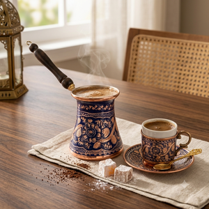 Cezve en cuivre émaillé bleu foncé, cafetière turque, ibrik arabe, briki grec, chauffe-lait pour cuisinière avec poignée en bois tourné - Product Image 2
