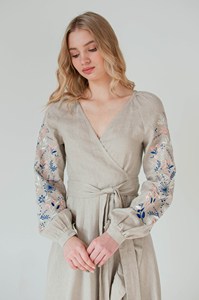 Robe midi élégante en lin brodé, manches bouffantes florales et ourlet à volants, col en V artisanal, robe bohème faite à la main - Product Image 1