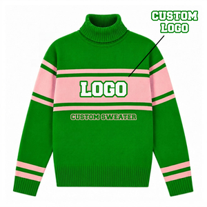 <b>Custom</b> Sorority Sweater Green Pink Turtleneck Sweater Front Embroidered Logo Striped Women's Greek Apparel Knit cardigan - Product Image 1