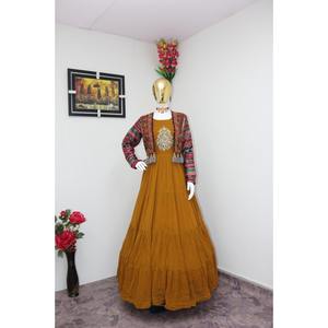 TRENDING GEORGETTE BATA DE TRABAJO CON VOLANTES BORDADOS CON MOSTAZA KOTI - Product Image 1