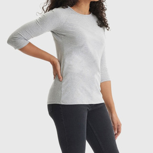 T-shirt gris à manches raglan 3/4 pour femme, col rond, coupe classique, haut décontracté en jersey - Product Image 4