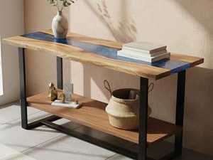Mesa Consola de Epoxi Ocean Stream con Estante de Almacenamiento, Mueble de Entrada Rectangular Duradero de Madera con Borde Natural Hecho a Mano, Acento Moderno - Product Image 2