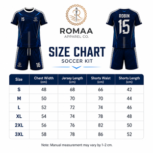ชุดยูนิฟอร์มฟุตบอลสีกรมท่าเข้ม ขาว น้ำเงินฟ้า แบบกำหนดเอง เสื้อคอกลม กางเกงขาสั้น ลายทางแบบสายฟ้า ชุดทีม OEM โรงงานผลิตระดับมืออาชีพ - Product Image 6