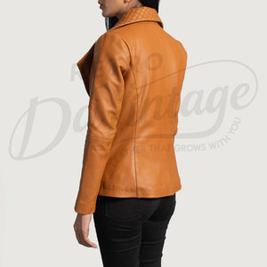 Women Tan Real <b>Leather</b> Biker <b>Jacket</b> with Quilted Shawl Collar Slim Fit Premium Sheepskin Asymmetric Casual Fashionable Blazer - Product Image 5
