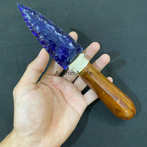 มีดแก้วสีน้ำเงินทำมือ AashimAgate พร้อมด้ามไม้แกะสลักลายหิน งานศิลปะสะสม - Product Image 1