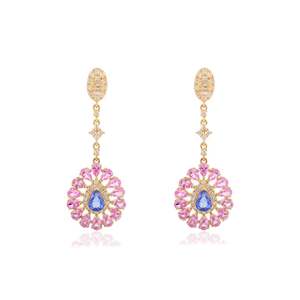 Boucles d'oreilles pendantes florales en or 18 carats avec saphirs roses et bleus et diamants - Product Image 2