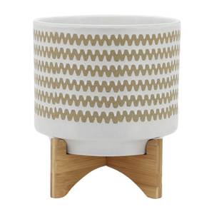 Maceta Moderna de Metal con Soporte de Madera, Acabado Blanco Glaseado, Minimalista, para Interiores, para Escritorio - Product Image 6