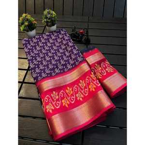 ATTRACTIVE GEORGETTE SILK GOLD BORDER WITH BANDHEJ and LEHRIYA PRINT WORK <b>SAREE</b> WITH UNSTITCHED BLOUSE <b>PURPLE</b> - Product Image 1