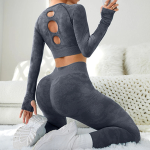 OEM ODM <b>Women</b> Yoga Set High Waist <b>Leggings</b> Full Length Seamless Crop Top Long Sleeve Letter <b>Pattern</b> Quick Dry 2 Piece Gym Front - Product Image 4