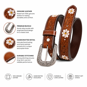 Premium Handcrafted Genuine <b>Leather</b> Belt for Men Floral <b>Tooled</b> Belt with Daisy Concho Accents - Product Image 3