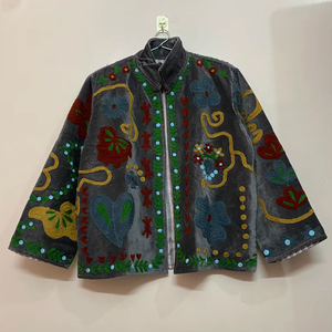 Handmade Vintage Suzani Embroidered Winter <b>Short</b> Velvet <b>Jacket</b> with Pocket Windproof and Breathable Filled with Cotton - Product Image 1