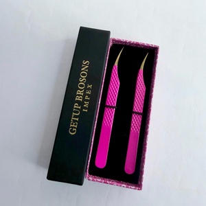 Pince à épiler pour cils GETUP BROSONS IMPEX en acier inoxydable, pointe lisse rose, outil de précision en boîte - Product Image 2