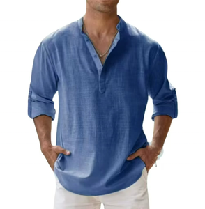 Camiseta de lino casual de manga larga para hombre, cuello alto, color liso, estilo suéter holgado para primavera, camisa de algodón para comercio transfronterizo - Product Image 3