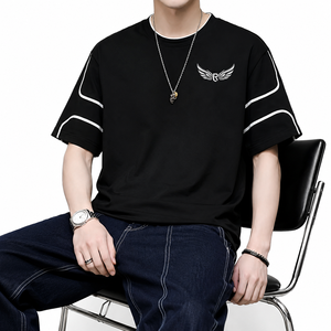 Men's <b>Black</b> Short Sleeve T-<b>Shirt</b> with Wing Logo Contrast Trim Casual O-Neck Jersey Fit Regular Length Solid <b>Silk</b> Screen Printing - Product Image 3
