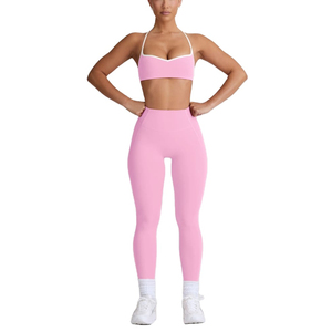 New Wholesale Women's Mid Waist Sports Bras and Yoga <b>Leggings</b> Gym Fitness Set Splice Color Breathable Solid <b>Pattern</b> - Product Image 1