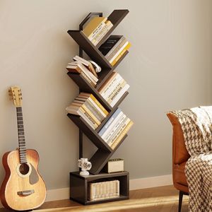 6 Tier Corner <b>Bookshelf</b> Narrow Tall Bookcase for <b>Small</b> Spaces Steel Wood Book Organizer Floor Standing - Product Image 1