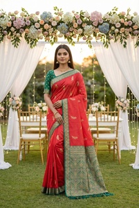 <b>Red</b> Banarasi Silk <b>Saree</b> With Green Border And Weaving Work For Wedding Wear Women Traditional Indian Style - Product Image 3