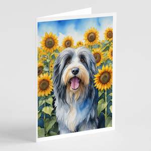 Whimsical A7 Tamaño 5x7 Collie Barbudo en girasoles Tarjetas de notas en blanco Paquete de 8 con sobres Tarjetas de felicitación - Product Image 1