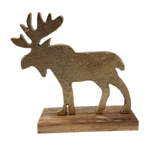 铝木豪华设计师圣诞装饰驯鹿，长方形底座粗糙黄铜装饰家居装饰