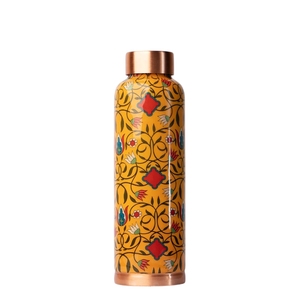 Bouteille en cuivre peinte en jaune écologique, artisanale, ayurvédique, gourde en métal au design mignon, récipient en cuivre pour le yoga, le bureau. - Product Image 4