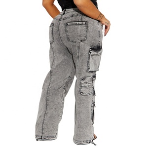 Jean cargo taille haute pour femme grande taille, coupe ample, longueur intégrale, en coton délavé, style décontracté avec plusieurs poches - Product Image 2