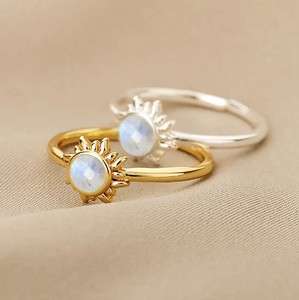 Rainbow Moonstone Gemstone Sunburst <b>Adjustable</b> <b>Rings</b> - Gold Plated <b>Adjustable</b> <b>Ring</b> for Women Jewelry - Product Image 1