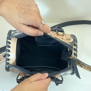 2026 Latest Pattern Hand <b>Tooled</b> Checkered Cowhide Leather <b>Small</b> Speedy Bag for Women's With Floral Carved Design Shoulder Bag - Product Image 6