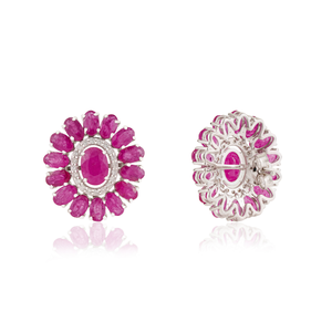 Los Productos Más Vendidos y Más Hermosos, Pendientes de Flor con Halo de Rubíes y Diamantes 100% Genuinos, Joyería de Oro Blanco Puro de 14K - Product Image 5