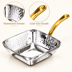 Poêle carrée en acier inoxydable martelé avec poignée dorée pour cuisinières à gaz et à induction - Product Image 2