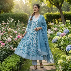 Ensemble Kurta Anarkali pour femmes, imprimé floral bleu, col en V, robe évasée avec dupatta, tenue traditionnelle ethnique pour les occasions festives - Product Image 4
