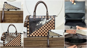 Sac à main en cuir à carreaux multifonctionnel et durable avec portefeuille assorti en cuir de vachette, ensemble combiné en cuir véritable fait main pour femmes - Product Image 3