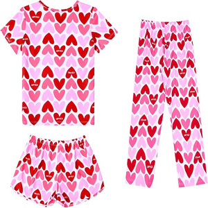 Conjunto de Pijama para Bebés Niñas con Estampado de Corazones, Camiseta y Pantalones Cortos, Transpirable, de Algodón y Spandex, Ropa de Dormir de Verano, Cuello Redondo, Manga Corta, 3 Piezas - Product Image 2