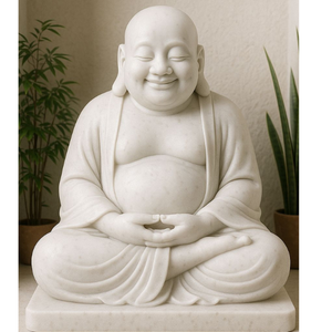 Sculpture de Bouddha riant en marbre blanc, taille réelle, sculptée à la main, de haute qualité - Product Image 1